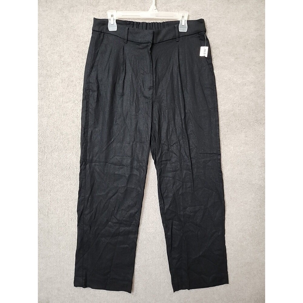 Old Navy Taylor Wide Leg Trouser Pants Women L Black Linen Blend Pleated NEW - Picture 2 of 9